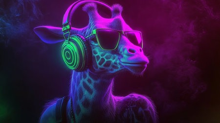 Neon Party Animal Cool Giraffe DJ with Headphones and Sunglasses on Dark, Vibrant Backgroundの素材