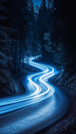 Blue Streaks of Light From Car Lights illuminate a Winding Road Through a Dark Forest, Long Exposureの素材