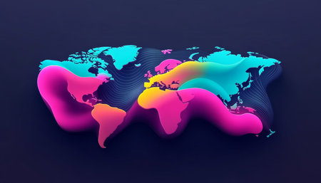 Abstract World Map With 3D Data Visualization, Global Business And Financial Trends Illustrationの素材