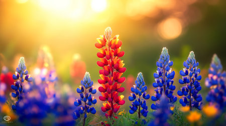 Vibrant Texas Bluebonnets and Red Indian Paintbrush in a Field of Wildflowers, Golden Hour Bloomの素材