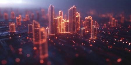 Futuristic Cityscape with Abstract Glowing Buildings, Modern Architecture, and Connections,の素材