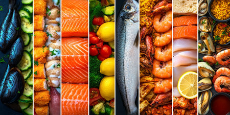 Delectable Seafood Collage Salmon, Cod, Tuna, Paella, Fish Chips, and Fresh Ingredientsの素材