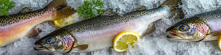 Fresh Rainbow Trout On Ice, Culinary Delights, Delicious Ingredients. Healthy Aquatic Life.の素材