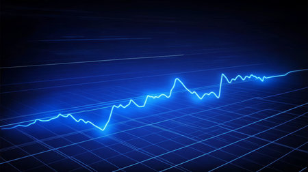 Bright Blue Glowing Line Graph Showing Growth, Peaks And Valleys on Dark Grid Backgroundの素材