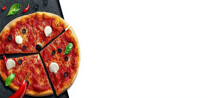 Overhead View Of Cut Delicious Italian Pizza With Copy Space And Black Studio Backgroundの素材