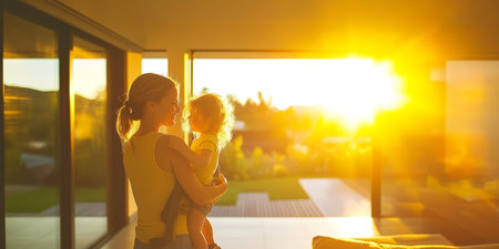 Golden Hour Embrace A Mother s Love for Her Child. A tender moment silhouetted by the setting sun.の素材