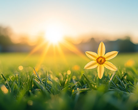 Single Yellow Daffodil Bloom in Grass at Sunset, Nature Background, Spring Flower Photographyの素材