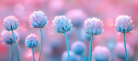 Dreamy Pastels Delicate Flowers In Soft Pink And Blue Hues Bathed In Warm Sunset Sunlight.の素材