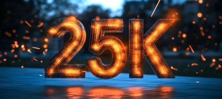 Fiery Glowing Number 25K Celebration with Light Sparks and Reflections, Achievement Conceptの素材