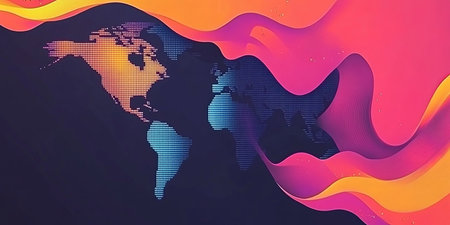 Pixelated world map with dynamic, vibrant curves. Global design, abstract background concept.の素材