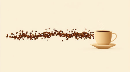 Coffee Beans Flowing into an EKG Heartbeat Line, Symbol of Coffee Lovers, on a Light Backgroundの素材