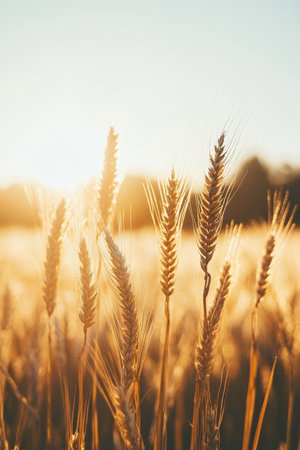 Golden Hour Majesty Close-Up of Wheat Stalks in Dreamy Bokeh, Capturing the Essence of Summerの素材