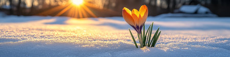 First Bloom of Spring Single Orange Crocus Flower Emerging from Snow in Golden Dawn Lightの素材