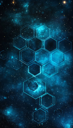 Abstract Technology, Hexagon Grid with Glowing Spheres on a Dark Background, Digital Network Conceptの素材
