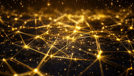 Golden Network, Abstract Structure with Bright Particles, Digital Art, Connection Conceptの素材
