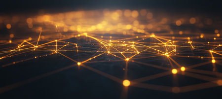 Golden Network, Connected Dots On Dark Background, Abstract Visualization Of Digital Technologyの素材