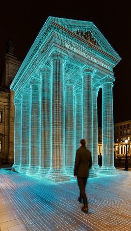 Historic Building Outlined in Blue Light Trails at Night, Long Exposure, Architectureの素材