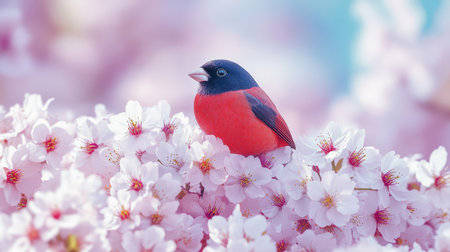 Red Bird Perched Amidst Delicate Cherry Blossoms in Full Bloom, Spring Floral Backgroundの素材