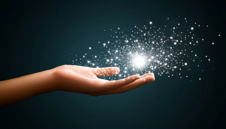 Hand Reaching Out to Glowing Interconnected Network on Blue Background, Concept for Technologyの素材