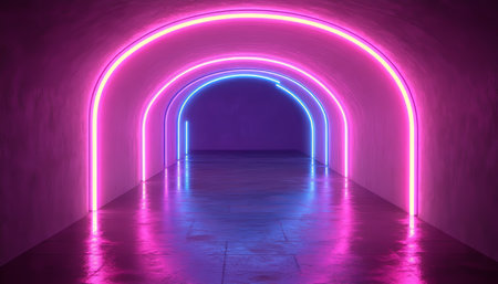 Neon Tunnel, Abstract Background, Glowing Lines, Futuristic Corridor, Purple And Blue Lightsの素材