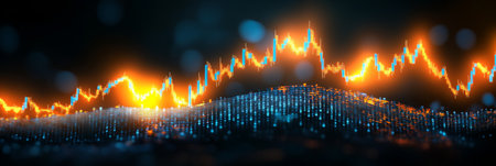 Abstract Market Trend Visualization Candlestick Chart on a Dark Background with Glowing Linesの素材