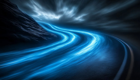 Electric Blue Light Trails Illuminate A Winding Mountain Road Beneath A Dramatic Cloudscapeの素材