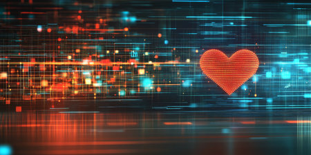 Glowing Red Heart Icon on Abstract Grid Background Digital Healthcare and Love Conceptの素材