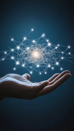 Human Hand Reaching Towards Glowing Network of Connected Nodes on Dark Blue Backgroundの素材