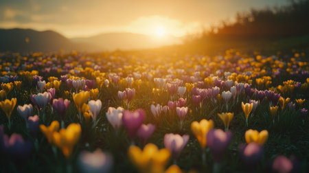 Golden Hour Bloom A Field of Purple and Yellow Crocuses Glows in the Warm Sunset Lightの素材