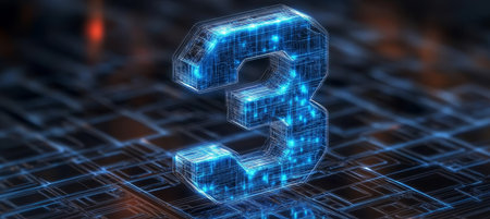 Glowing Digital 3D Number Three on Futuristic Technology Background. Concept of Computing, Cyberpunkの素材