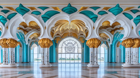 Grand Mosque Interior Symmetry, Arches, and Turquoise Decor in a Modern Islamic Sacred Space.の素材