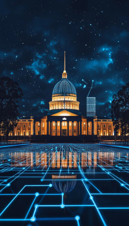 Parliament Building Merging With Futuristic Digital Data Network, Night Time Long Exposureの素材