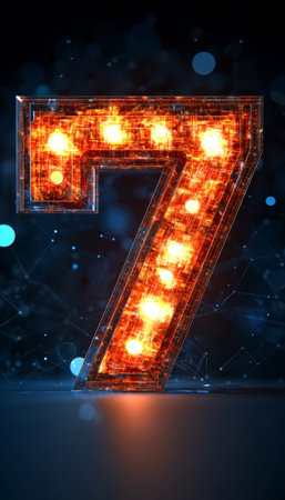 Glowing Digital 3D Number Seven in Cinematic Futuristic Style On Blue Abstract Bokeh Background.の素材