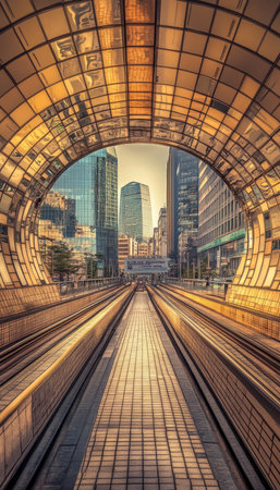 Modern Architectural Tunnel in the City A View Towards Skyscrapers Through a Geometric Structureの素材