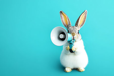 White Bunny Rabbit Holding a Megaphone on a Blue Background, Advertising, Marketing Conceptの素材
