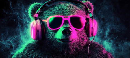 Funky Bear with Headphones and Neon Sunglasses Against Blue and Green Foggy Backgroundの素材