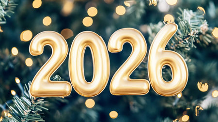 Gold Number Balloons 2026 on a Festive Christmas Tree Background with Sparkling Lightsの素材