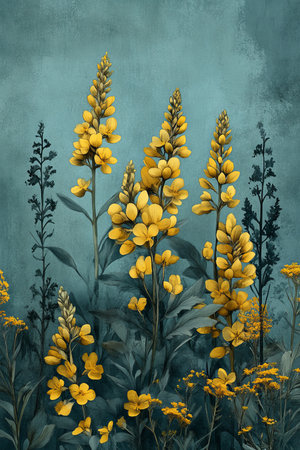 Yellow Wildflowers in Bloom against a Serene Blue, Floral Background, Tranquil Natureの素材