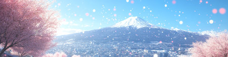 Snow Covered Mountain Peak Looms Over Cityscape with Cherry Blossoms in Bloom and Falling Petalsの素材