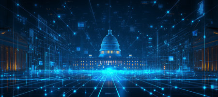 Capitol Building in Digital Network, Washington D.C., USA, Futuristic Government Conceptの素材