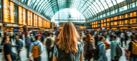 Young Woman with Backpack Walking Through a Busy Transportation Hub, Travel and Commute Concept.の素材