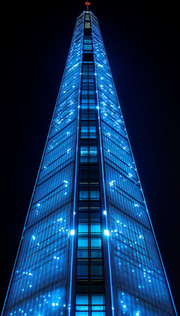 Modern Architecture, Seoul Skyline Illuminated Skyscraper with Dotted Facade at Nightの素材