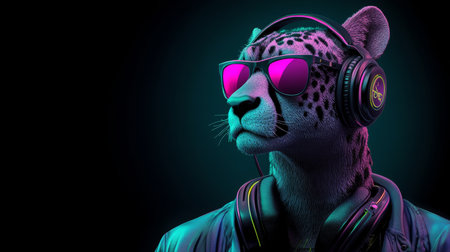 Funky Cheetah DJ Cool Cat With Headphones and Neon Sunglasses on a Dark Background, Synthwave Styleの素材