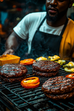 Man Grilling Delicious Burgers with Fresh Toppings on a Barbecue for Summer Food Photographyの素材