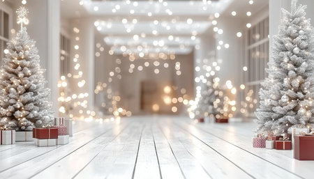Festive Christmas Hallway Background, Snow-Covered Fir Trees, White Wooden Floor, Warm Lightingの素材