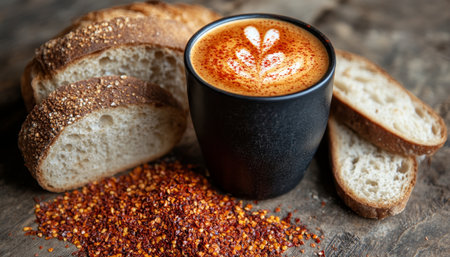 Artistic Latte Art with Rustic Bread and Chili Flakes on Wooden Table, Coffee Break Conceptの素材