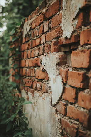 Weathered Red Brick Wall Background, Close Up With Copy Space, And Bokeh With Natural Plantsの素材