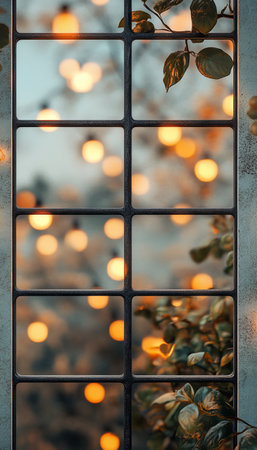 Warm Bokeh Lights Seen Through Window, Creating Festive Christmas Background With Golden Glowの素材