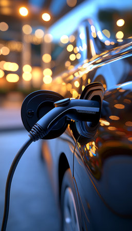 Electric Vehicle Charging at Night, City Lights Bokeh Background, Sustainable Transportationの素材