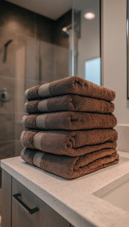 Freshly Laundered A Stack of Soft, Gray Towels Awaits Use on a Pristine White Bathroom Countertop.の素材